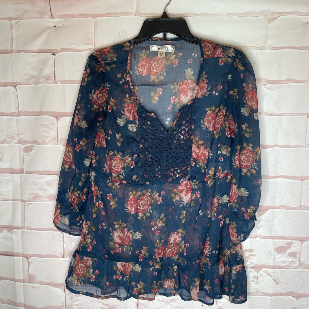 Decree Size XL Blue Boho Semi Sheer Blouse Tunic With Embroidered Trim V Neck